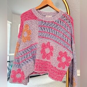 Sincerely jules floral cropped crewneck knit sweater Wide Sleeves